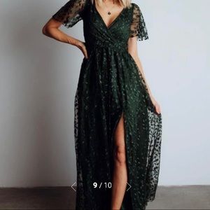 Emerald green leaf detail maxi dress.